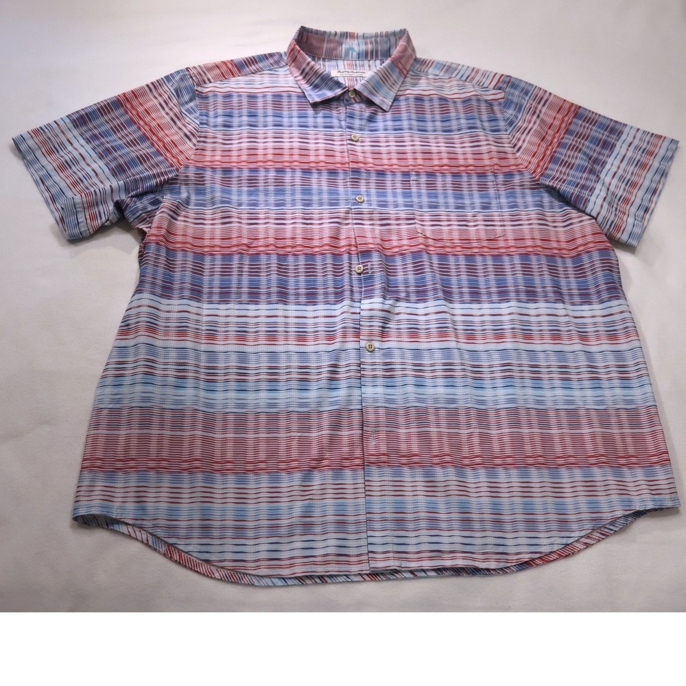Tommy Bahama IslandZone Camp Shirt Men's XXL Red White Blue Stripe Stretch
